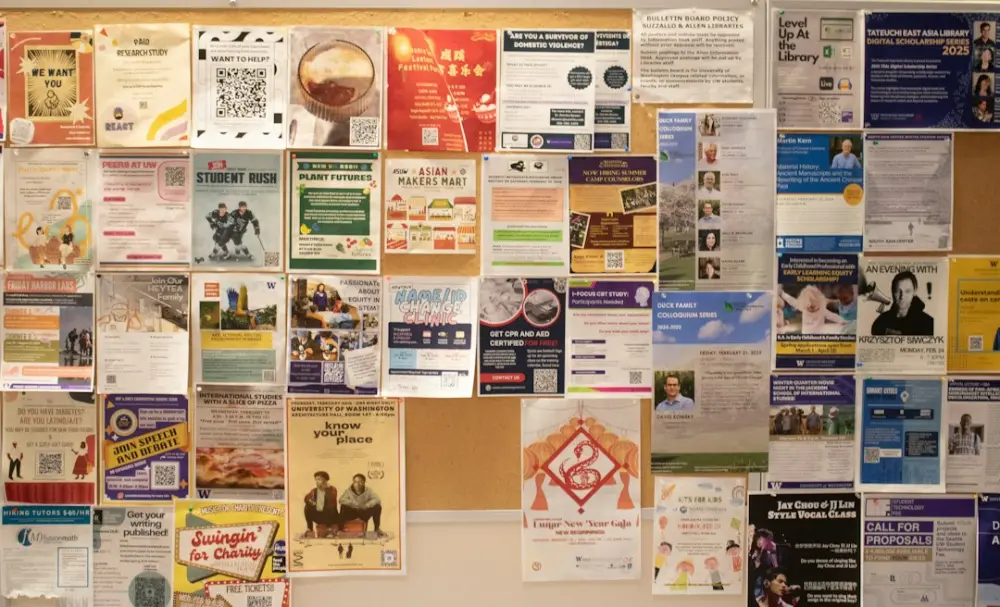 Bulletin board filled with various posters and flyers, illustrating evaluating curated resource newsletters